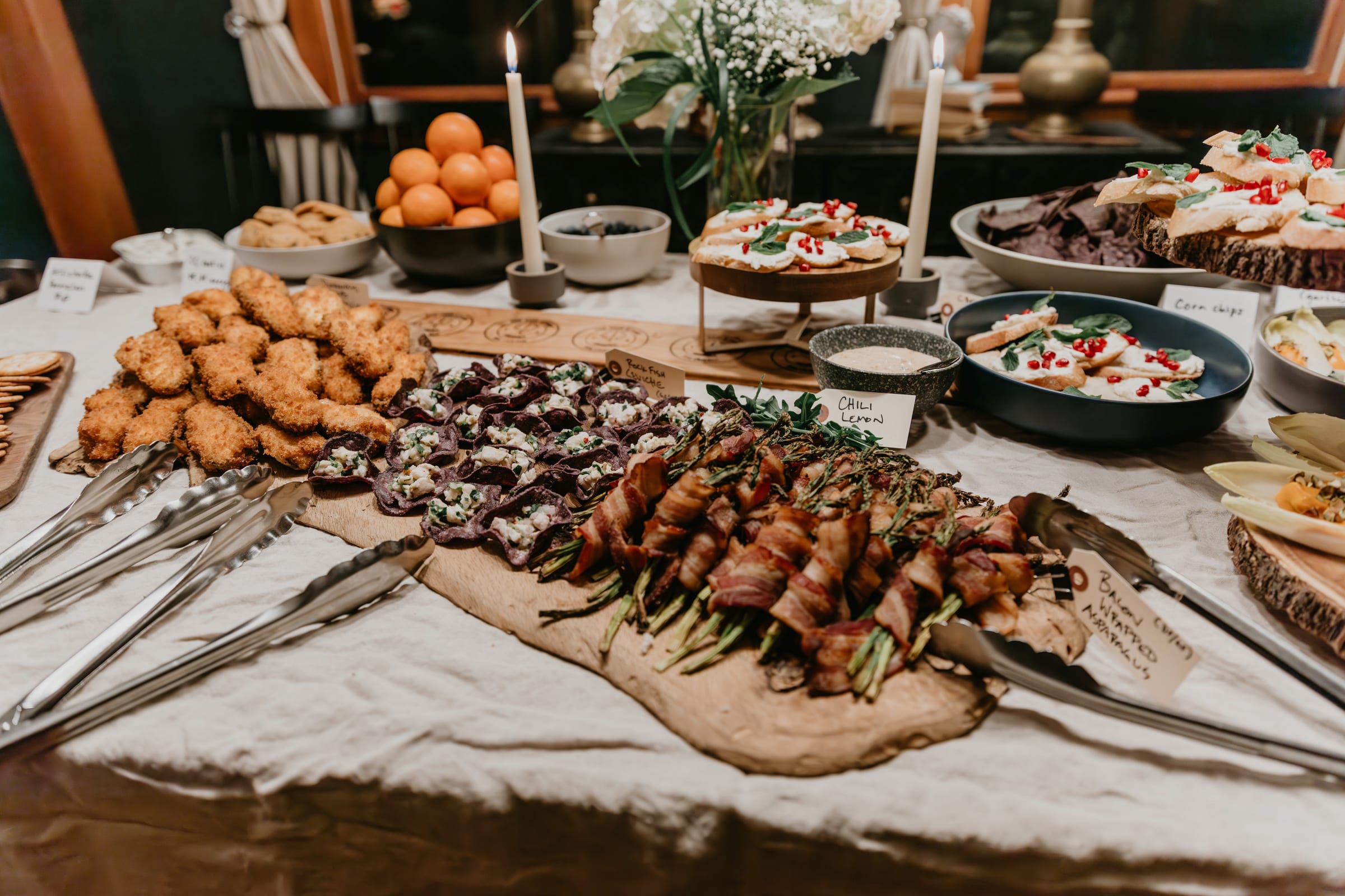 Catered spread on the dining table during an event at Moonrise
